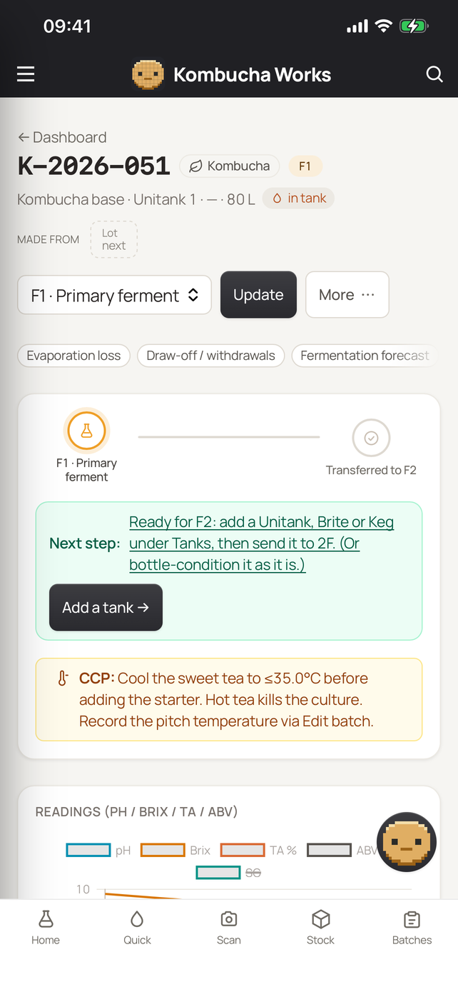 The BrauMo iPhone app showing a kombucha batch in primary ferment, with its next step and the control point note to cool the tea before pitching.
