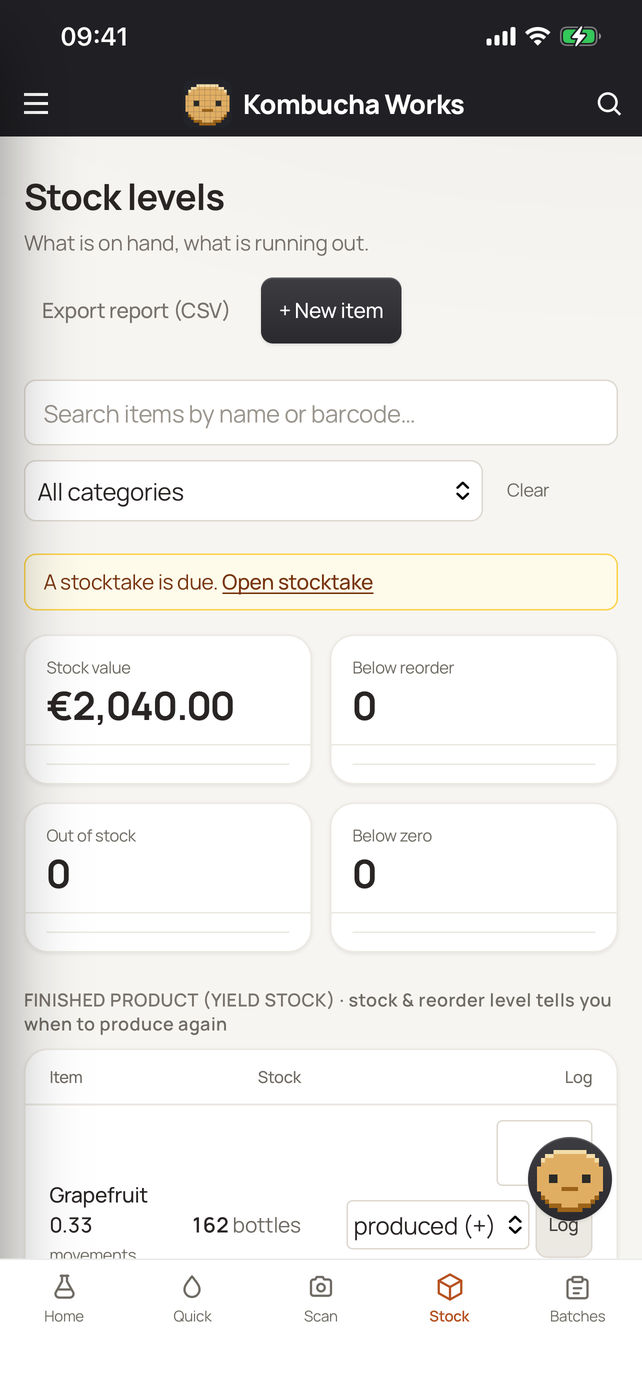 Stock levels in the BrauMo iPhone app, with search by name or barcode and a stocktake reminder.